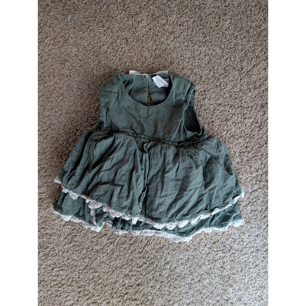 Tahari Baby Girls 24M Green Tiered Ruffle Dress White Lace Bows Cottagecore